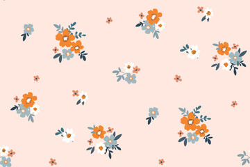 Seamless floral pattern, liberty ditsy print, abstract ornament of mini plants in pretty folk motif. Cute botanical design: small hand drawn flowers, leaves, simple tiny bouquets. Vector illustration.