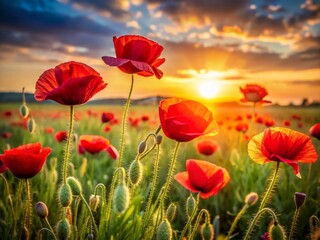 Fototapeta premium Serene Poppies in a Morning Field at Dawn with Soft Light and Gentle Breeze, Perfect for Nature Lovers Seeking Tranquility and Beauty in the Great Outdoors