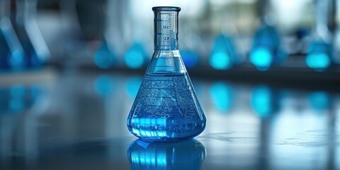 Close-up of a flask in a laboratory with blue liquid