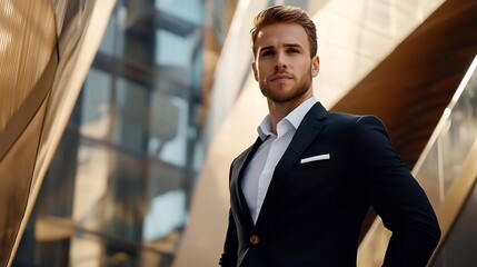 Sophisticated Business Executive Posing Confidently in Front of Modern Architectural Backdrop