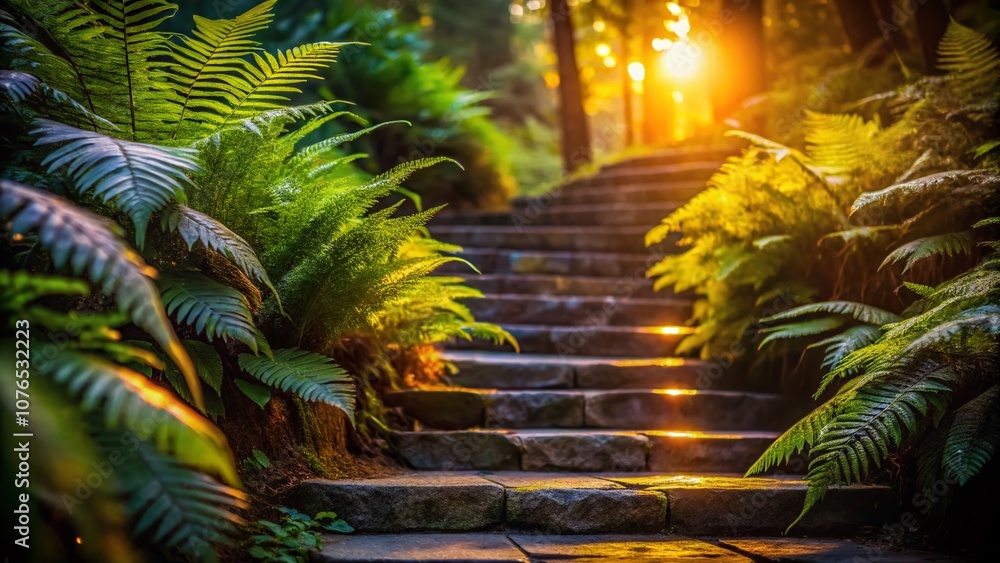 Poster serene stone steps surrounded by lush ferns in a darkened forest with a bokeh effect highlighting na