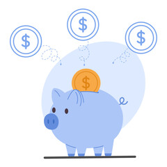 Pig piggy bank with coins. Saving money concept. Accumulation money with a toy piggy bank