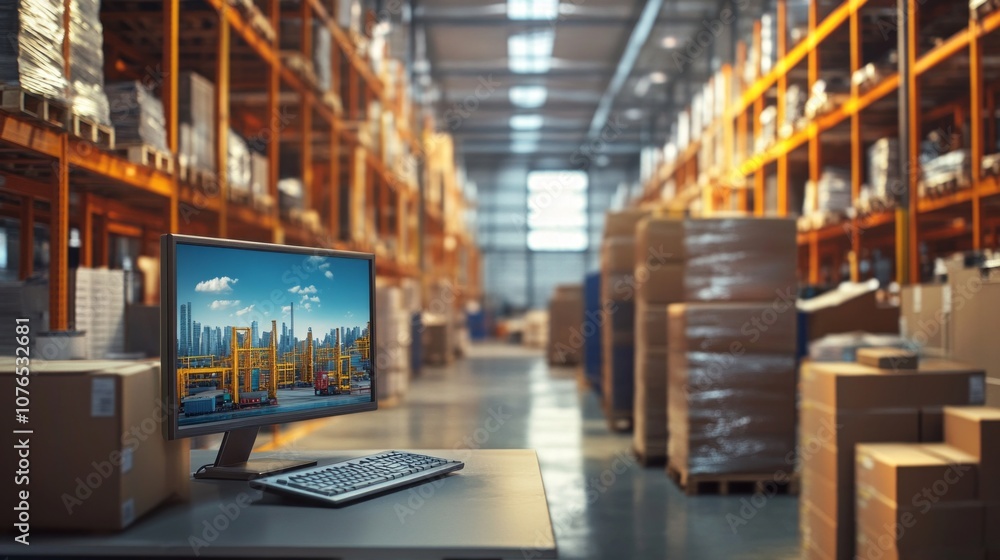 Aufkleber a computer monitor is on a desk in a warehouse