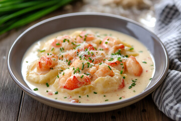 A Plate of Lobster Ravioli in a Light Cream Sauce, Topped with Chopped Chives and Grated Parmesan, Food Photography, Food Menu Photo Image