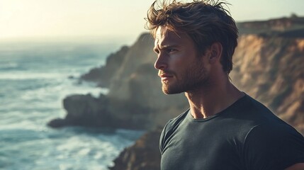 Fototapeta premium Windswept Man Standing on Cliffside Overlooking the Vast Ocean Symbolizing Strength and the Spirit of Adventure