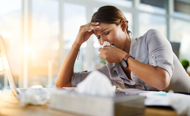 Business woman, office and tissue with sick, sneeze and flu illness at work with professional at desk. Health, sinus and allergy of employee with cold, virus or hay fever of staff with covid © peopleimages.com