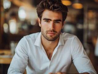 Fototapeta premium A Handsome Man with Classic Features Enjoys a Moment of Thoughtful Contemplation at a Cafe