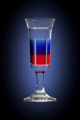Multi-layered liquor on accent gradient background. Pousse cafe glass. Bar theme. Alcoholic drink. 3d rendering.