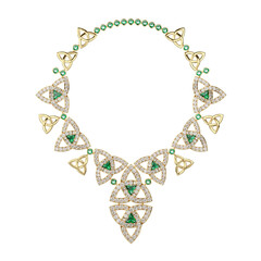 Luxurious necklace of diamonds and emeralds on the isolated transparent background. Irish style. Jewelry showcase. Close-up. 3d rendering.