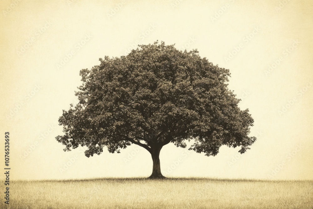 Poster a single tree stands alone in an open field