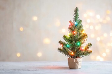 A small Christmas tree sits on a table, decorated with lights and ornaments