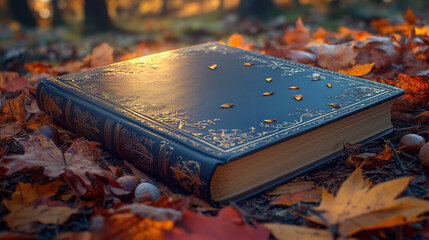 Blank book cover mockup on cozy background. Antique book with gold details on autumn leaves.