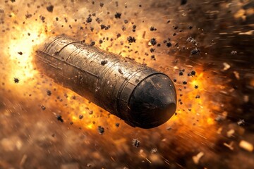 A bullet explodes out of the ground, with earth and debris flying everywhere