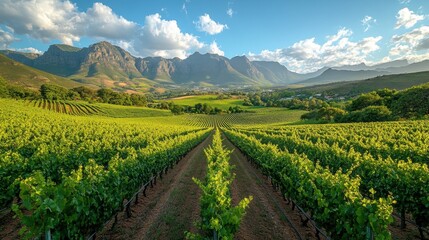 Lush vineyard landscape with mountains under a bright sky.