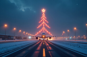 Festive airplane taxiing at night with christmas tree lights on runway