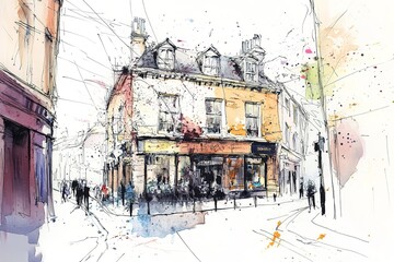 Building view with landmark of Rennes is the capital city of Brittany, northwest France. Watercolor splash with Hand drawn sketch illustration in vector.
