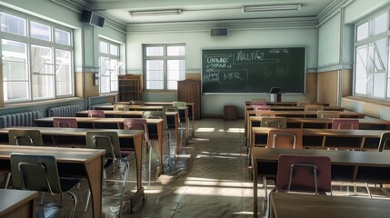 An empty classroom with neatly arranged desks and chairs, a chalkboard at the front with writing