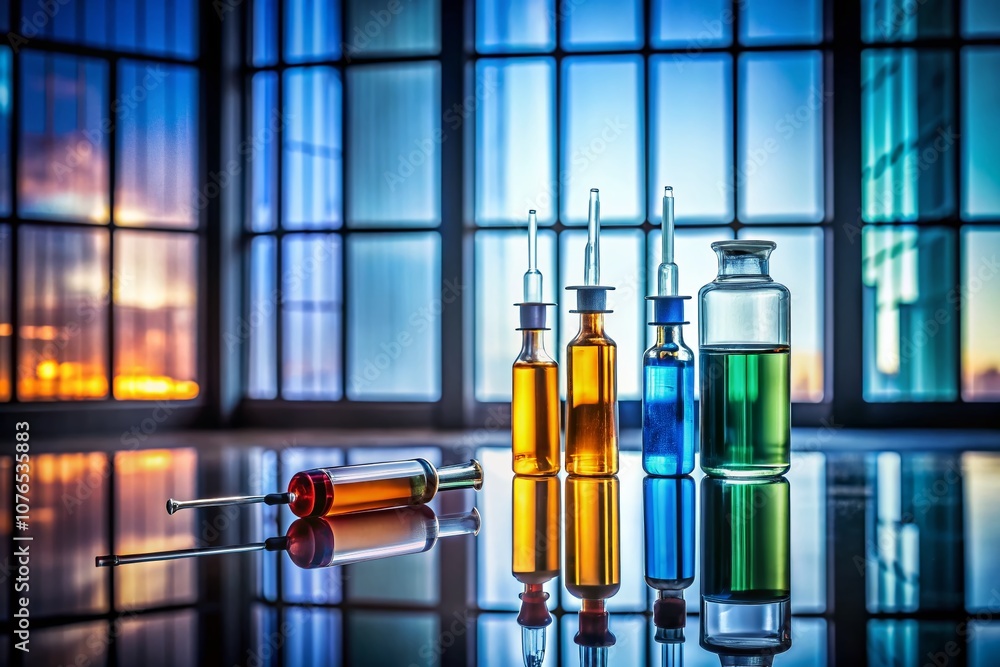Poster silhouette of vials and syringe on white table with vertical windows in background for medical and p