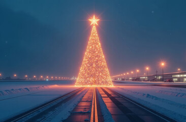 Illuminated christmas tree on snowy runway at night - winter holiday lights scene for festive decor