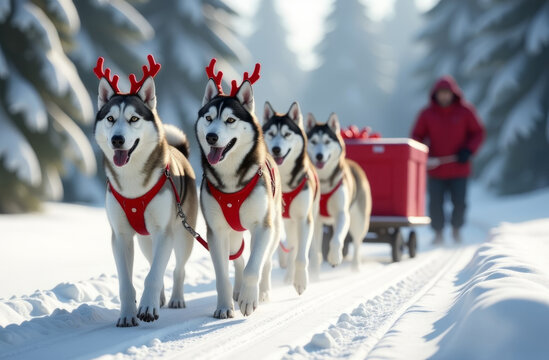 Festive siberian huskies pulling sleigh through snowy winter wonderland for holiday adventure