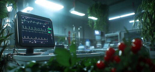 Heartbeat monitor in a futuristic, overgrown lab.