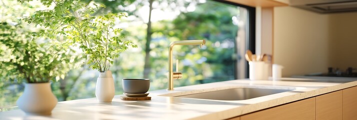 Kitchen sink with gold faucet and two vases with green plants.