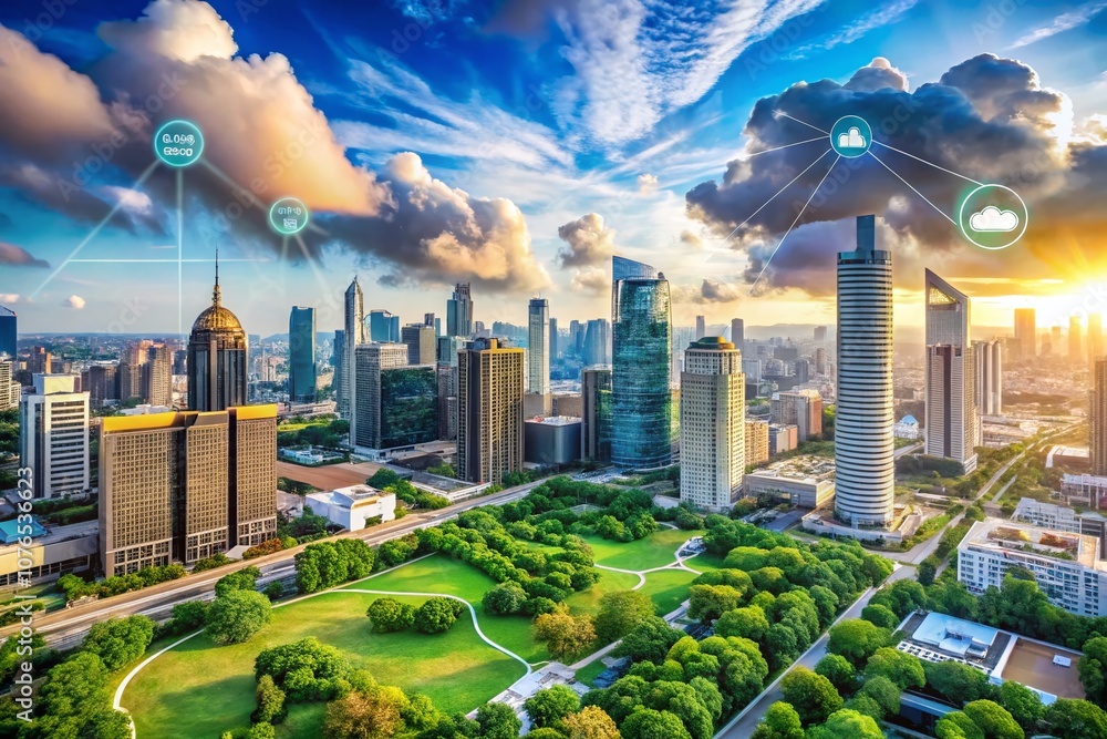 Poster smart city cloud computing concept visual: future urban development with digital connectivity and in