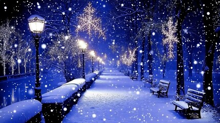 Fototapeta premium Snowy Night in a City Park with Illuminated Trees and Benches