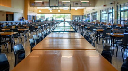 A school cafeteria with rows of empty tables and chairs, ready for lunchtime