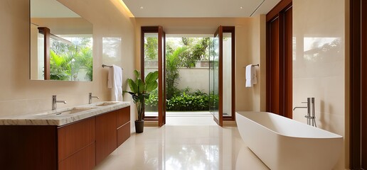 Luxurious bathroom with freestanding tub, double vanity, and garden view.