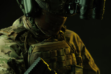 Close-Up of Soldier&rsquo;s Tactical Vest and Night Vision Gear