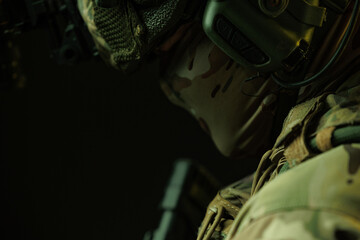 Close-Up of Soldier&rsquo;s Tactical Gear and Headset in Camouflage