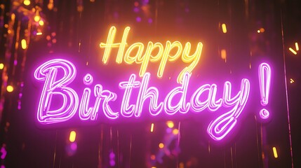 A neon sign with the words "Happy Birthday!" glowing in bright colors against a blurred background of lights.