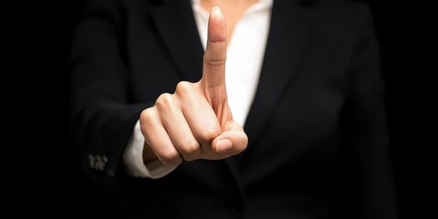 Obraz premium A business professional holds a finger up, signaling to pause or pay attention.
