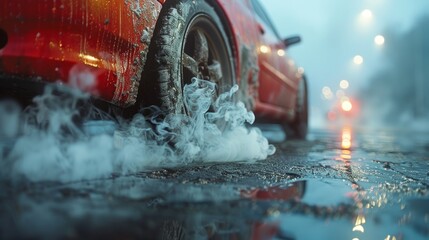 A red car driving on a wet road with smoke coming from the tires.