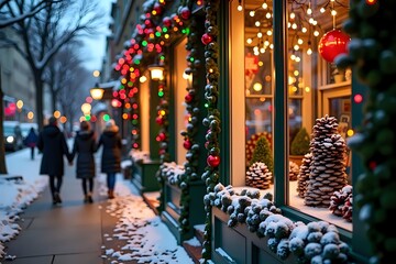 A cozy boutique decorated with holiday garlands, lights, and frosted pinecones on a snowy street, as people in winter attire walk by under glowing streetlights.
