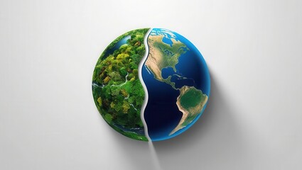 Fototapeta premium Half Earth: A powerful visual concept depicting a divided Earth, one half lush green, the other half a traditional blue.