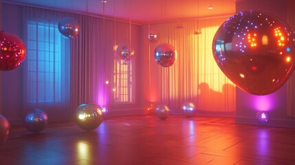 Obraz premium A room with many shiny, colorful balls hanging from the ceiling