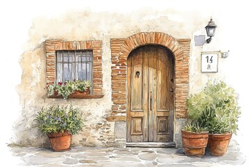Fototapeta premium Vintage old city sketch art watercolor illustration 