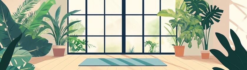 Yoga mat near open window, natural light and plants, flat design illustration