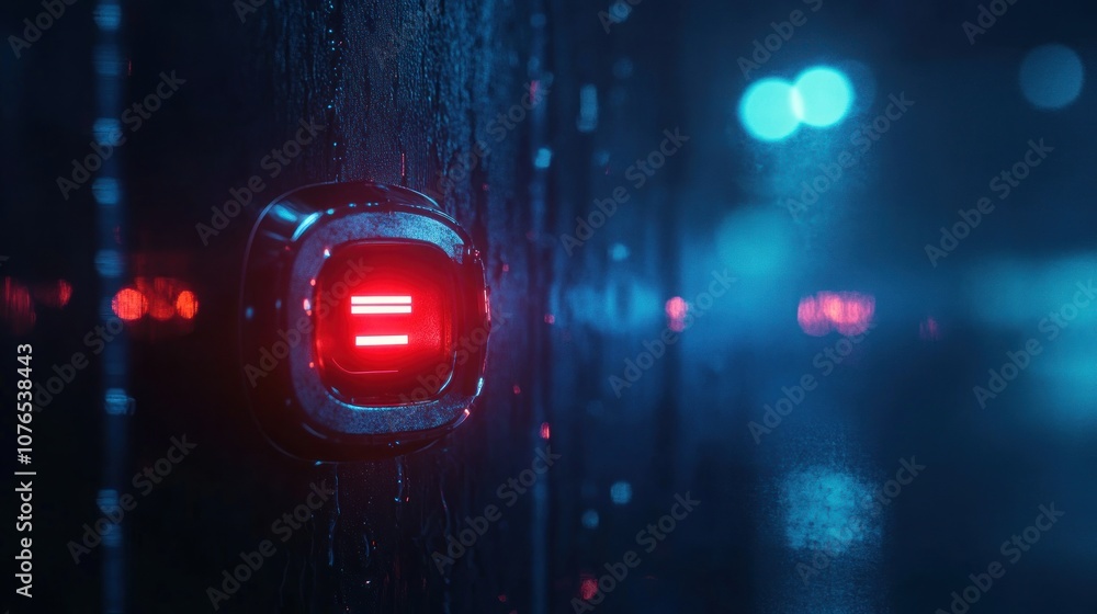 Poster a glowing red button on a wet surface, illuminated by ambient light in a moody environment.