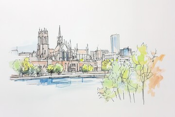 Building view with landmark of Bristol is the city in England. Watercolour splash with hand drawn sketch illustration in vector.

