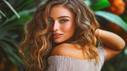 Fototapeta premium Smiling woman with long curls against green foliage