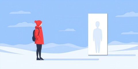 Obraz premium A figure in a red coat reflecting on self-identity in a snowy landscape.
