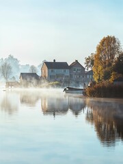 Obraz premium Explore the tranquil beauty of a misty morning by the river in rural landscapes