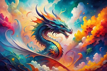 Fototapeta premium Stunning Abstract Watercolor Dragon Design Background Captured from Above – Vibrant Colors and Fluid Shapes Create an Enchanting Visual Experience Perfect for Art Projects