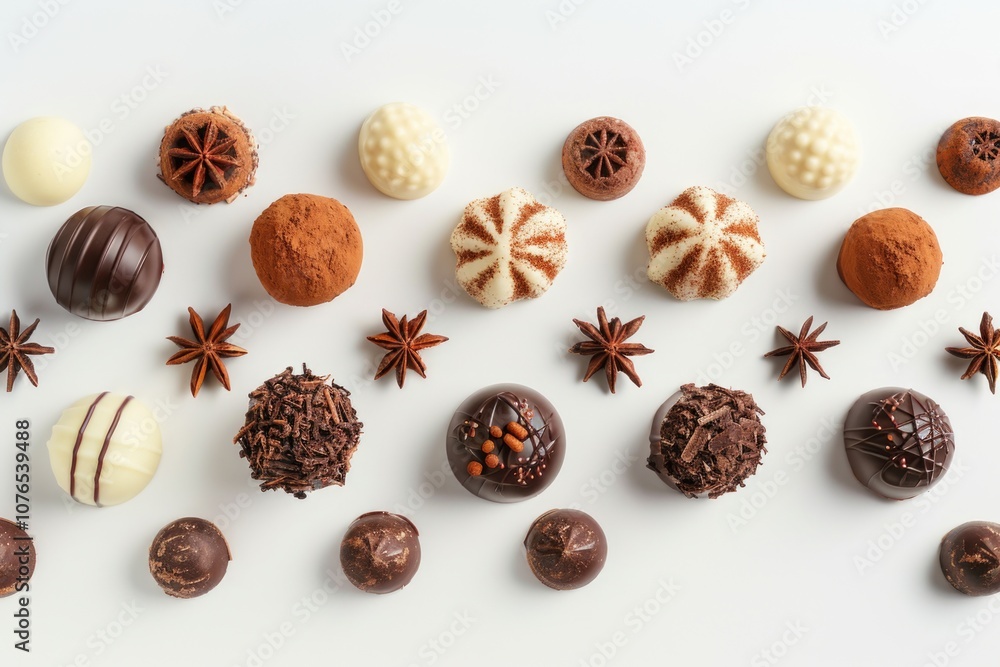 Poster various types of chocolates displayed on a clean white surface, ideal for advertising or editorial u