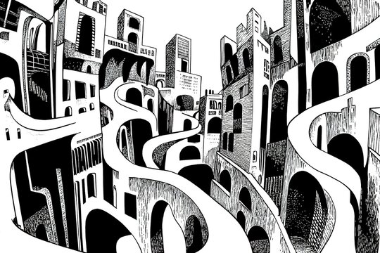 City illustration with a lots of detailed buildings and trees
