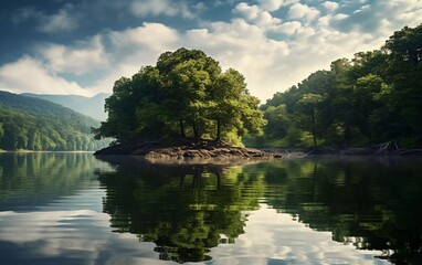 Serene lake scene with an island and lush trees reflecting in calm waters under a cloudy sky.