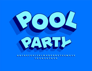 Vector funny invitation Pool Party. Bright Font for Sport, Fashion and Logo Design. Isometric Blue Alphabet Letters and Numbers